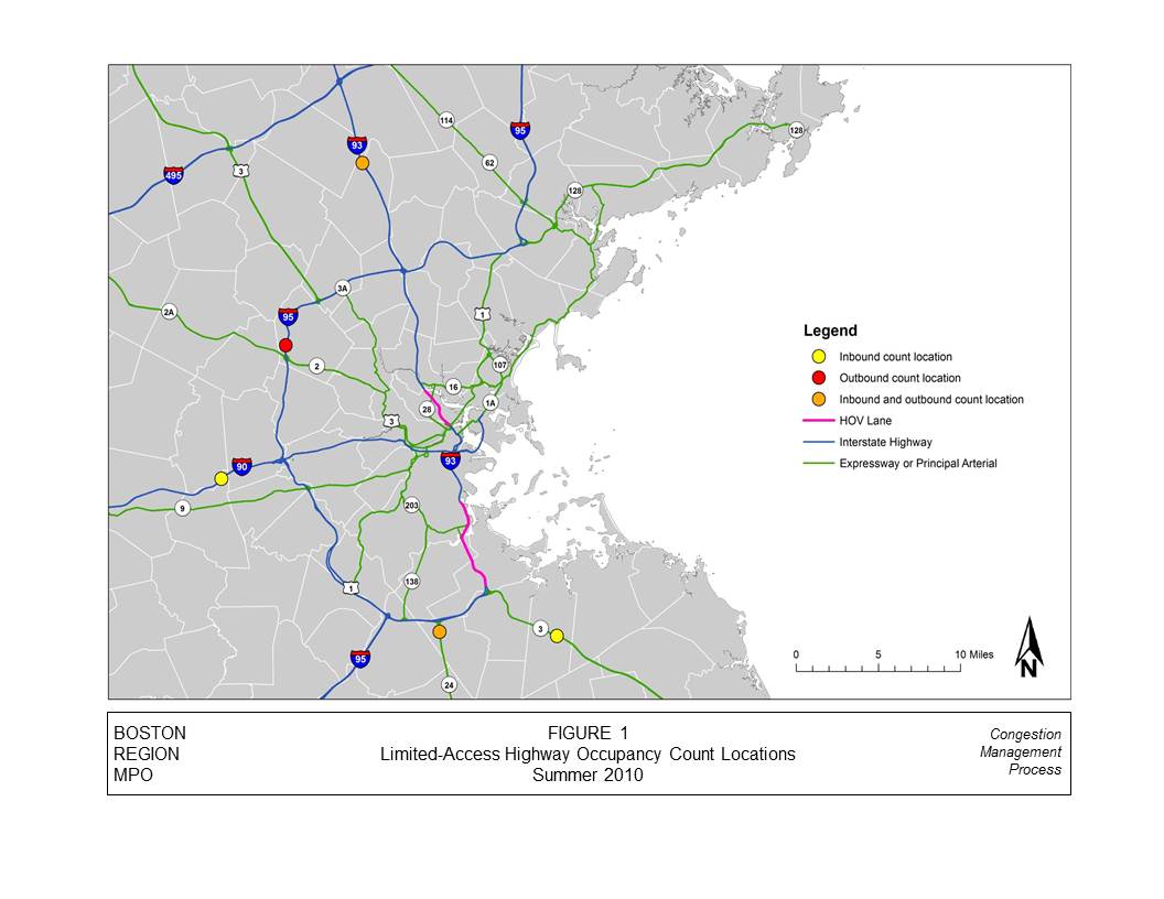 This figure shows the locations where occupancy counts were conducted in the summer of 2010. The inbound count locations are indicated in yellow, the outbound count locations are indicated in red, and the locations where both inbound and outbound counts were conducted are indicated in orange. The locations of the HOV lanes are also highlighted on this map in pink. Other expressways are indicated by blue lines and arterial and limited-access roadways are indicated by green lines.